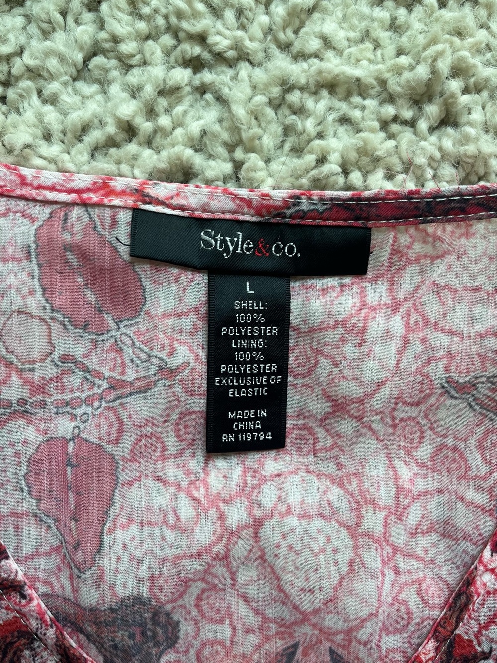 Style & Co. Sheer Pink & Black Floral Tie-Neck 3/4 Sleeve Boho Blouse - Picture 4 of 6